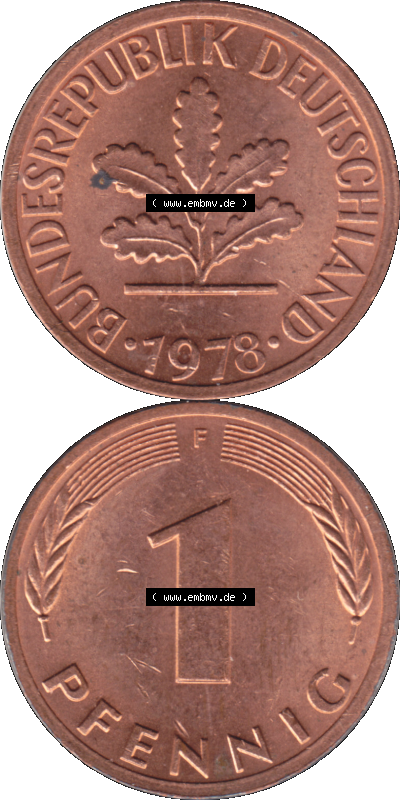 1 Pfennig Umlaufmünze in PNG 1950-2001, 1 Pfennig 1978, 1970er Jahre Stuttgart F, 1 / Ein Pfennig Münze Stuttgart Mzz. F Sammlung