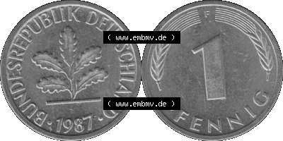 1 Pfennig Umlaufmünze in Graustufen PNG 1950-2001, 1 Pfennig 1987, 1980er Jahre Mzz. F Sammlung