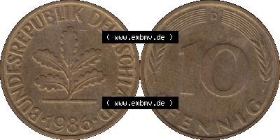 BRD Münzen 10 Pf. Umlaufmünze in PNG 1950-2001, 10 Pfennig 1986 D-07. Vorderseite und Rückseite mit Wert-Zahl auf einen Bild... Sammlung