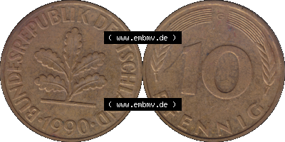 BRD Münzen 10 Pf. Umlaufmünze in PNG 1950-2001, 10 Pfennig 1990 G-01. Vorderseite und Rückseite mit Wert-Zahl auf einen Bild... Sammlung