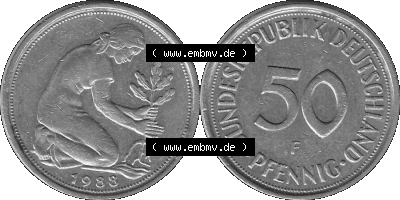 BRD Münzen Deutschland F 50 Pf. Umlaufmünze in Graustufen PNG 1950-2001, 50 Pfennig 1988 Münzzeichen "F" für Stuttgart - "F" Sammlung