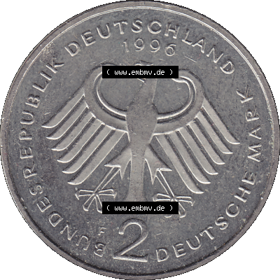 2 DM, Deutsche Mark Deutschland Willy Brandt - Herbert Frahm 1996 Münzzeichen Stuttgart Mzz. F Sammlung