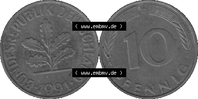 BRD Münzen 10 Pf. Umlaufmünze in PNG 1950-2001, 10 Pfennig 1991 D-02 Graustufen. Graustufen-Bilder der Vorderseite und Rückseite... Sammlung