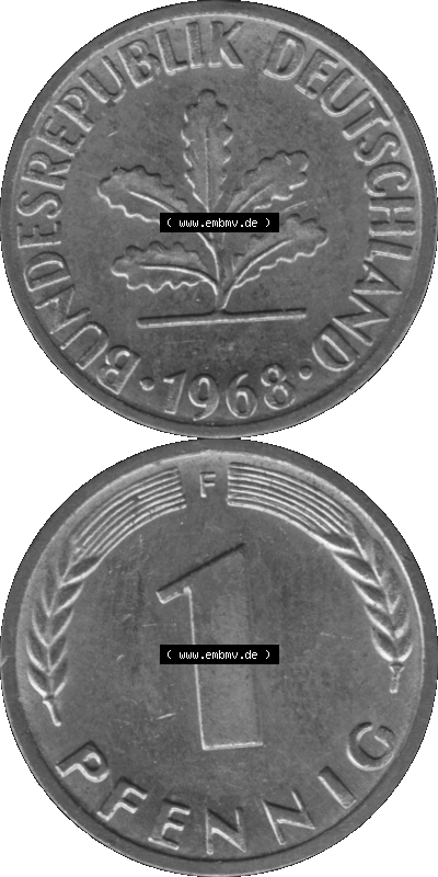 1 Pfennig Umlaufmünze in Graustufen PNG 1950-2001, 1 Pfennig 1968, 1960er Jahre Mzz. F Sammlung