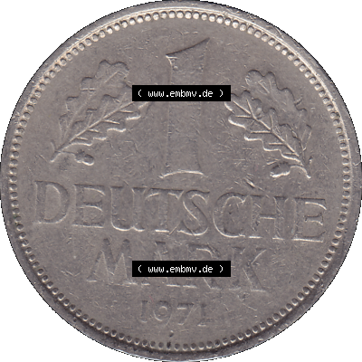 BRD Münzen 1 DM, Umlaufmünze 1950-2001, 1 / Eine DM - Eine Deutsche Mark, 1971 D-1. Münzen-Rückseite mit Nennwert / Nominalwert... Sammlung
