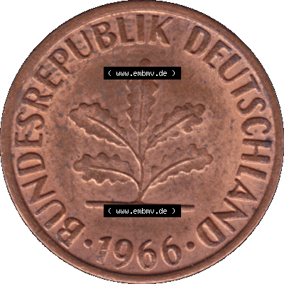 1 Pfennig Umlaufmünze in PNG 1950-2001, 1 Pfennig 1966, 1960er Jahre Stuttgart F, 1 / Ein - Pfennig BRD F, mit Mzz. F für Münzstätte... Sammlung