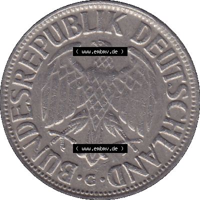 BRD Münzen 1 DM, Umlaufmünze 1950-2001, 1 / Eine DM - Eine Deutsche Mark, 1966 G-1. Vorderseite als transparente PNG-Grafik... Sammlung