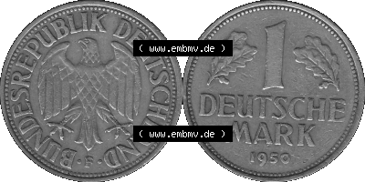 BRD Deutschland Münzen 1 / Eine DM / Eine Deutsche Mark in Graustufen PNG 1950-2001, 1 DM Deutsche Mark, 1950 Münzzeichen F... Sammlung