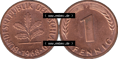1 Pfennig Umlaufmünze in PNG 1950-2001, 1 Pfennig 1968, 1960er Jahre Stuttgart F, 1 / Ein - Pfennig BRD F, mit Mzz. F für Münzstätte... Sammlung