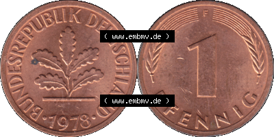 1 Pfennig Umlaufmünze in PNG 1950-2001, 1 Pfennig 1978, 1970er Jahre Stuttgart F, 1 / Ein - Pfennig BRD F, mit Mzz. F für Münzstätte... Sammlung