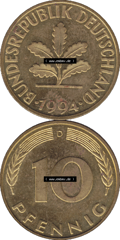BRD Münzen 10 Pf. Umlaufmünze in PNG 1950-2001, 10 Pfennig 1994 D-02. Vorderseite und Rückseite auf einen Bild / Foto vertikal... Sammlung