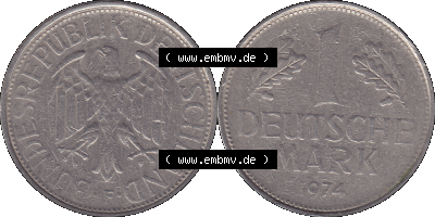 BRD Münzen 1 DM, Umlaufmünze 1950-2001, 1 / Eine DM - Eine Deutsche Mark, 1974 F-1. Münzen-Rückseite und Münzen-Vorderseite... Sammlung