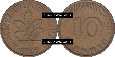 BRD Münzen 10 Pf. Umlaufmünze in PNG 1950-2001, 10 Pfennig 1988 D-10. Vorderseite und Rückseite mit Wert-Zahl auf einen Bild... Sammlung