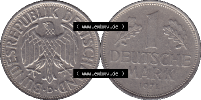 BRD Münzen 1 DM, Umlaufmünze 1950-2001, 1 / Eine DM - Eine Deutsche Mark, 1971 D-1. Münzen-Rückseite und Münzen-Vorderseite... Sammlung