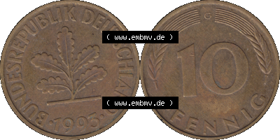 BRD Münzen 10 Pf. Umlaufmünze in PNG 1950-2001, 10 Pfennig 1993 G-01. Vorderseite und Rückseite mit Wert-Zahl auf einen Bild... Sammlung