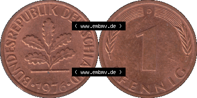 PNG 1950-2001, 1 Pfennig der BRD Deutschland 1976, 1970er Jahre Mzz. München D, 1 - Ein Pfennig Münze "D", mit Mzz. "D" für... Sammlung