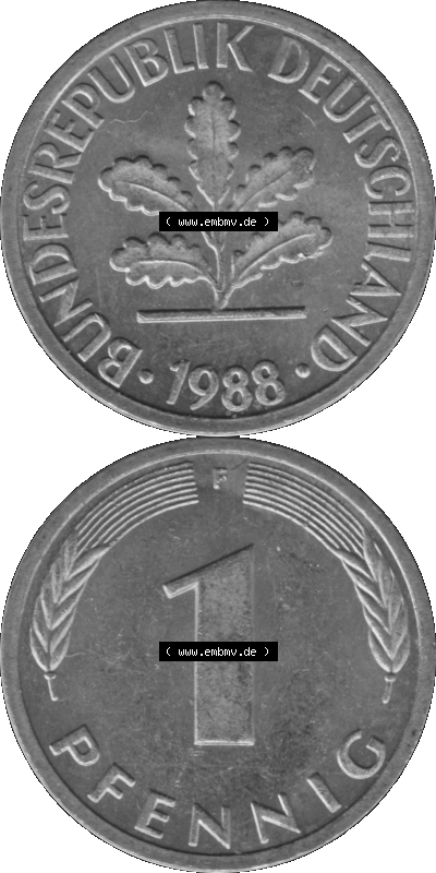 1 Pfennig Umlaufmünze in Graustufen PNG 1950-2001, 1 Pfennig 1988, 1980er Jahre Mzz. F Sammlung