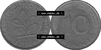 BRD Münzen 10 Pf. Umlaufmünze in PNG 1950-2001, 10 Pfennig 1989 J-01 Graustufen. Graustufen Bild aus zwei Bildern vom Scanner... Sammlung