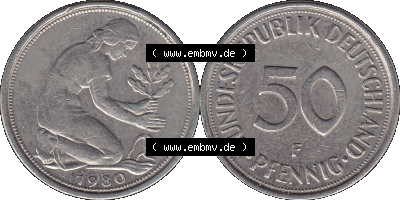 PNG 1950-2001, 50 Pfennig BRD Deutschland 1980 Stuttgart Mzz. "F" Sammlung