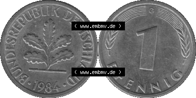 1 Pfennig BRD-Deutschland Umlaufmünze in Graustufen PNG 1950-2001, 1 Pfennig 1984, 1980er Jahre Münzstätte Karlsruhe G-01 Sammlung