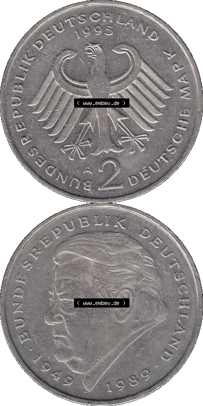 2 DM, Deutsche Mark Franz Josef Strauß 1995 mit Münzzeichen Berlin, A Sammlung