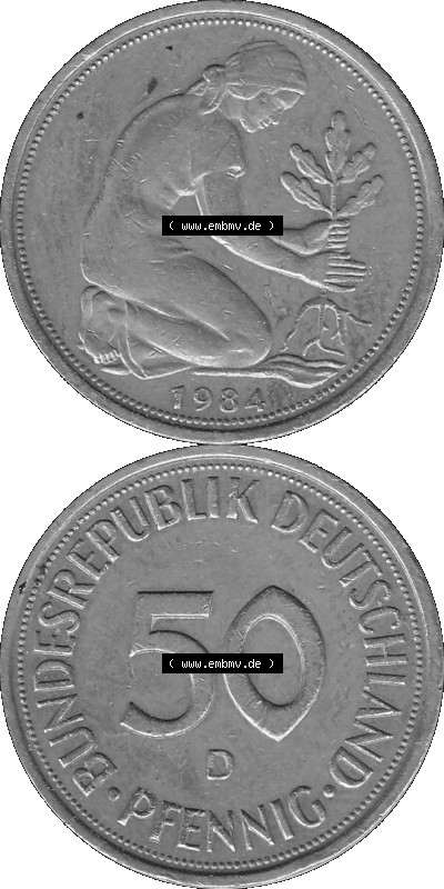 BRD Münzen Deutschland D 50 Pf. Umlaufmünze in Graustufen PNG 1950-2001, 50 Pfennig 1984 Münzzeichen "D" für München - "D" Sammlung