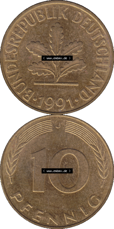 PNG 1950-2001, 10 Pfennig der Bundesrepublik Deutschland 1991 Münzstätte Hamburg Mzz. J Sammlung