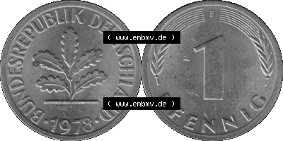 1 Pfennig Umlaufmünze in Graustufen PNG 1950-2001, 1 Pfennig 1978, 1970er Jahre Mzz. F Sammlung