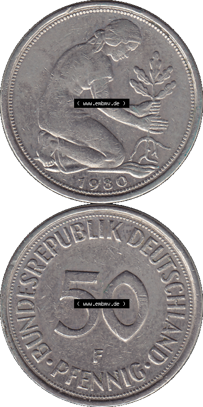 PNG 1950-2001, 50 Pfennig BRD Deutschland 1980 Stuttgart Mzz. "F" Sammlung