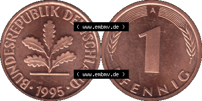 PNG 1991-2001, 1 Pfennig-Münze der BRD Deutschland 1995 Münzstätte Berlin mit Münzzeichen Mzz. A Sammlung