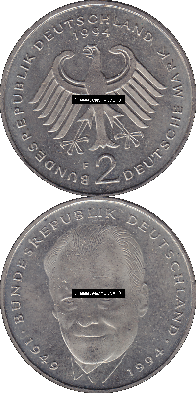 2 DM, Deutsche Mark Deutschland Willy Brandt - Herbert Frahm 1994 Münzzeichen Stuttgart Mzz. F Sammlung