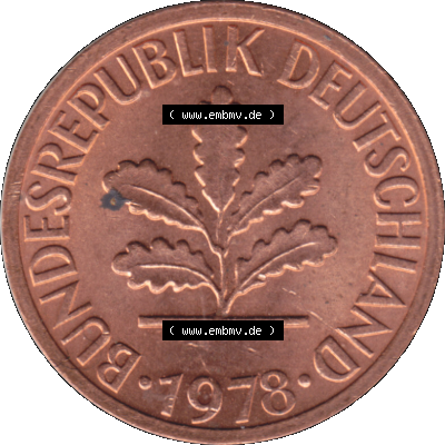 1 Pfennig Umlaufmünze in PNG 1950-2001, 1 Pfennig 1978, 1970er Jahre Stuttgart F, 1 / Ein - Pfennig BRD F, mit Mzz. F für Münzstätte... Sammlung