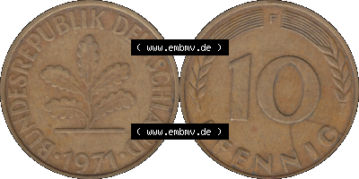 BRD Münzen 10 Pf. Umlaufmünze in PNG 1950-2001, 10 Pfennig 1971 F-01. Vorderseite und Rückseite mit Wert-Zahl auf einen Bild... Sammlung