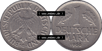 BRD Münzen 1 DM, Umlaufmünze 1950-2001, 1 / Eine DM - Eine Deutsche Mark, 1966 G-1. Münzen-Rückseite und Münzen-Vorderseite... Sammlung