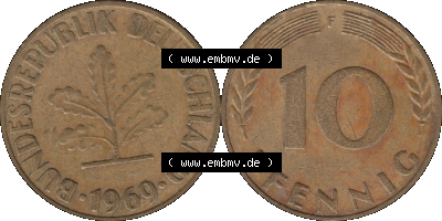 BRD Münzen 10 Pf. Umlaufmünze in PNG 1950-2001, 10 Pfennig 1969 F-01. Vorderseite und Rückseite mit Wert-Zahl auf einen Bild... Sammlung