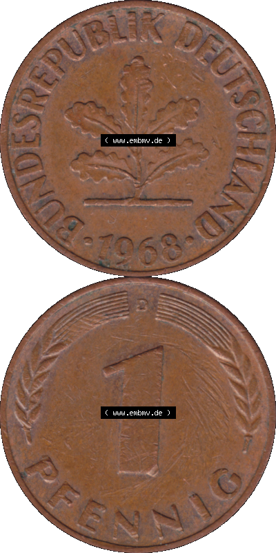 PNG 1950-2001, 1 Pfennig der BRD Deutschland 1968, 1960er Jahre Mzz. München D, 1 - Ein Pfennig Münze "D", mit Mzz. "D" für... Sammlung