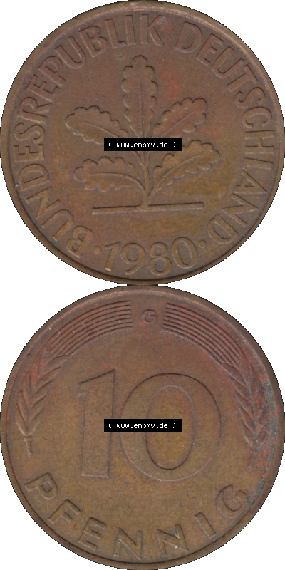 BRD Münzen 10 Pf. Umlaufmünze in PNG 1950-2001, 10 Pfennig 1980 G-01. Vorderseite und Rückseite auf einen Bild / Foto vertikal... Sammlung