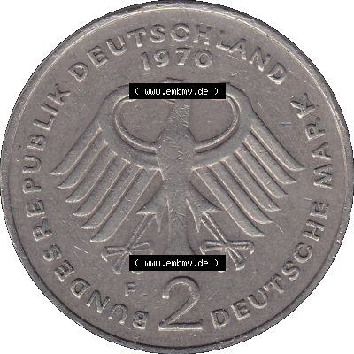 PNG 1969-1987, 2 DM, Deutsche Mark Konrad Adenauer 1970 Münzzeichen Mzz Stuttgart F Sammlung