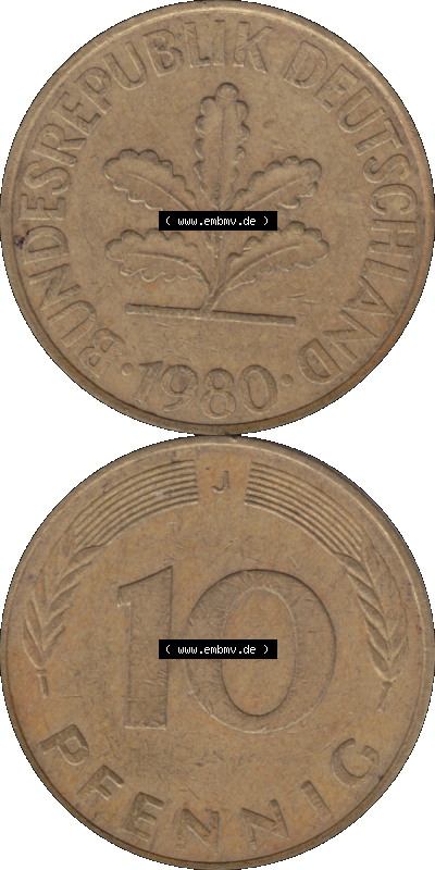 PNG 1950-2001, 10 Pfennig der Bundesrepublik Deutschland 1980 Münzstätte Hamburg Mzz. J Sammlung