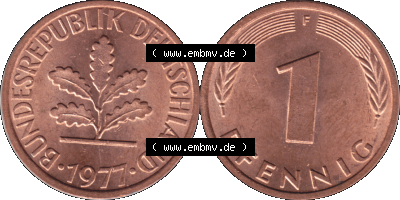 1 Pfennig Umlaufmünze in PNG 1950-2001, 1 Pfennig 1977, 1970er Jahre Stuttgart F, 1 / Ein - Pfennig BRD F, mit Mzz. F für Münzstätte... Sammlung