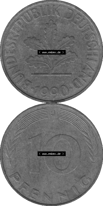 BRD Münzen 10 Pf. Umlaufmünze in PNG 1950-2001, 10 Pfennig 1990 J-02 Graustufen. PNG-Bild in transparenten Graustufen aus zwei... Sammlung