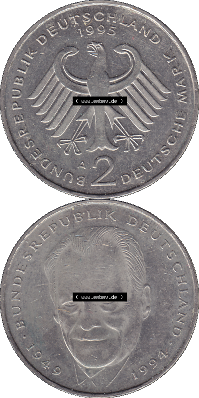 2 DM, Deutsche Mark Deutschland Willy Brandt - Herbert Frahm 1995 Münzzeichen Berlin Mzz. A Sammlung
