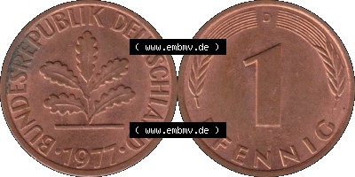 PNG 1950-2001, 1 Pfennig der BRD Deutschland 1977, 1970er Jahre Mzz. München D, 1 - Ein Pfennig Münze "D", mit Mzz. "D" für... Sammlung