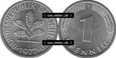1 Pfennig Umlaufmünze in Graustufen PNG 1950-2001, 1 Pfennig 1977, 1970er Jahre Mzz. F Sammlung