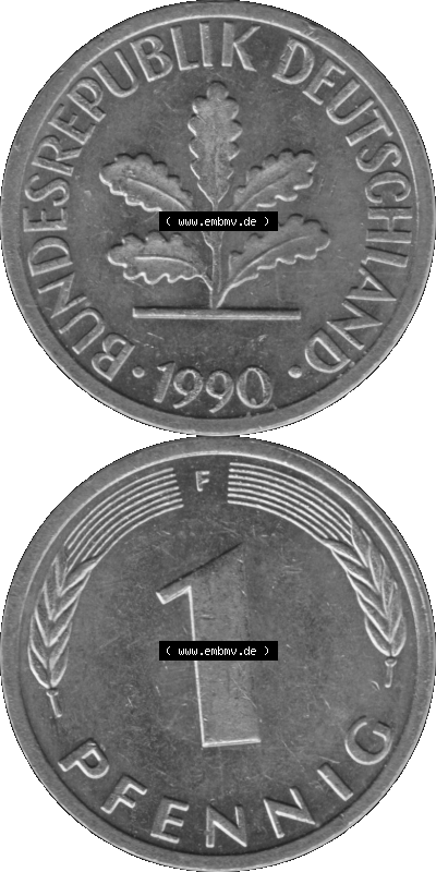 1 Pfennig Umlaufmünze in Graustufen PNG 1950-2001, 1 Pfennig 1990, 1990er Jahre Mzz. F Sammlung