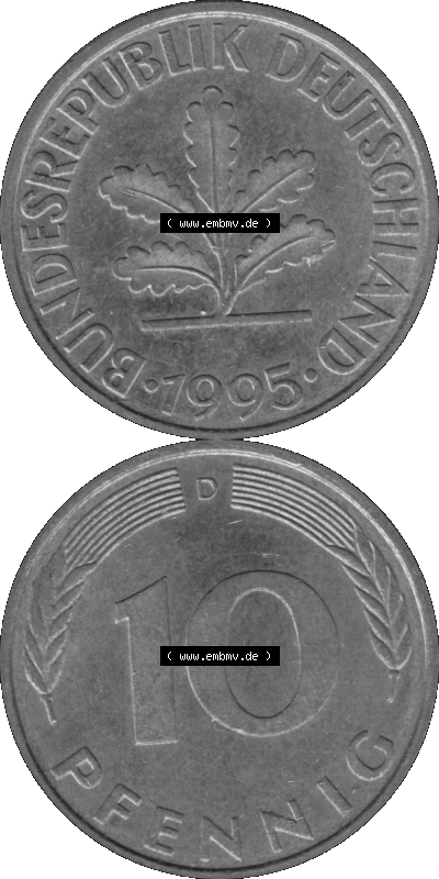 BRD Münzen 10 Pf. Umlaufmünze in PNG 1950-2001, 10 Pfennig 1995 D-03 Graustufen. Graustufen-Bild erstellt aus Farbigen Bild... Sammlung