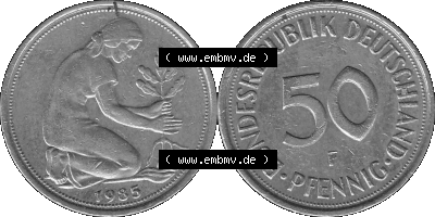 BRD Münzen Deutschland F 50 Pf. Umlaufmünze in Graustufen PNG 1950-2001, 50 Pfennig 1985 Münzzeichen "F" für Stuttgart - "F" Sammlung