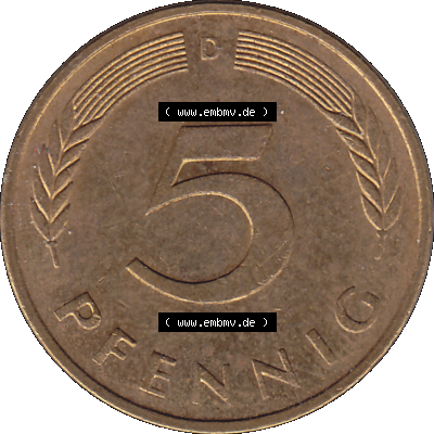 5 Pfennig Deutschland der BRD, 1991 Münzstätte München Mzz. D Sammlung