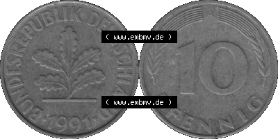 BRD Münzen 10 Pf. Umlaufmünze in PNG 1990-2001, 10 Pfennig 1991 A-03 Graustufen. Graustufen-Bilder der Vorderseite und Rückseite... Sammlung