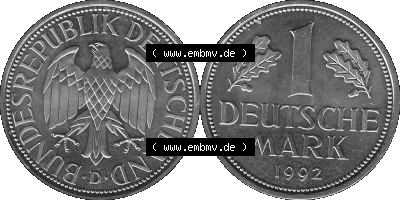 BRD Deutschland Münzen 1 / Eine DM / Eine Deutsche Mark in Graustufen PNG 1950-2001, 1 DM Deutsche Mark, 1992 Münzzeichen für... Sammlung